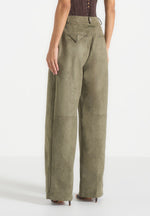 Solene - Suede Wide Leg Pleated Pants - Dark Sage