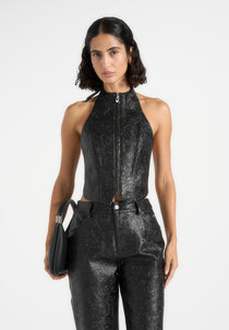 Claudette - Embossed Leather Halterneck Backless Top - Black