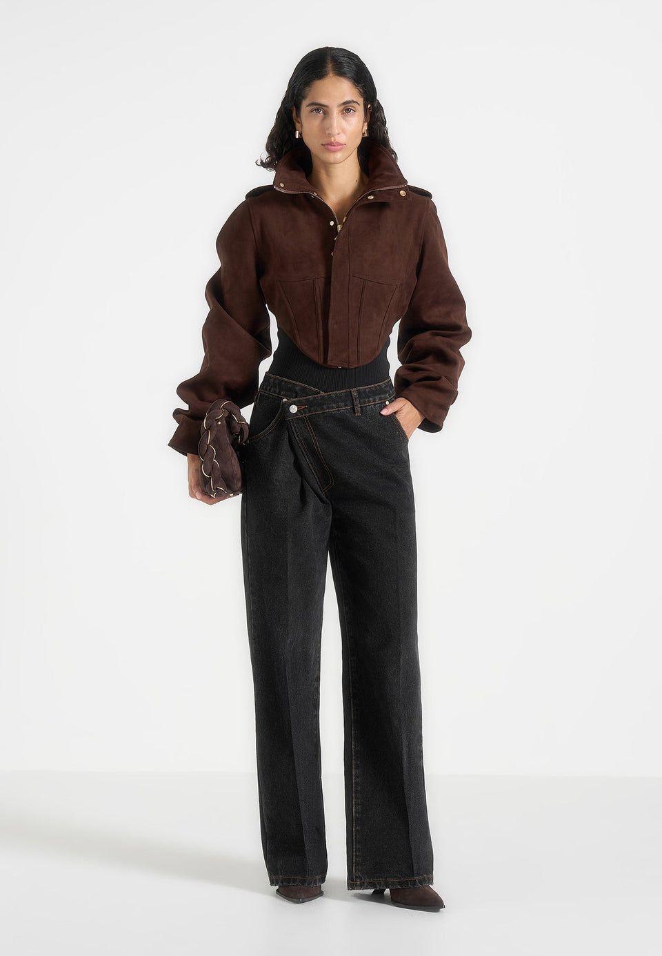 Solange - Suede Tacked Sleeve Corset Jacket - Brown