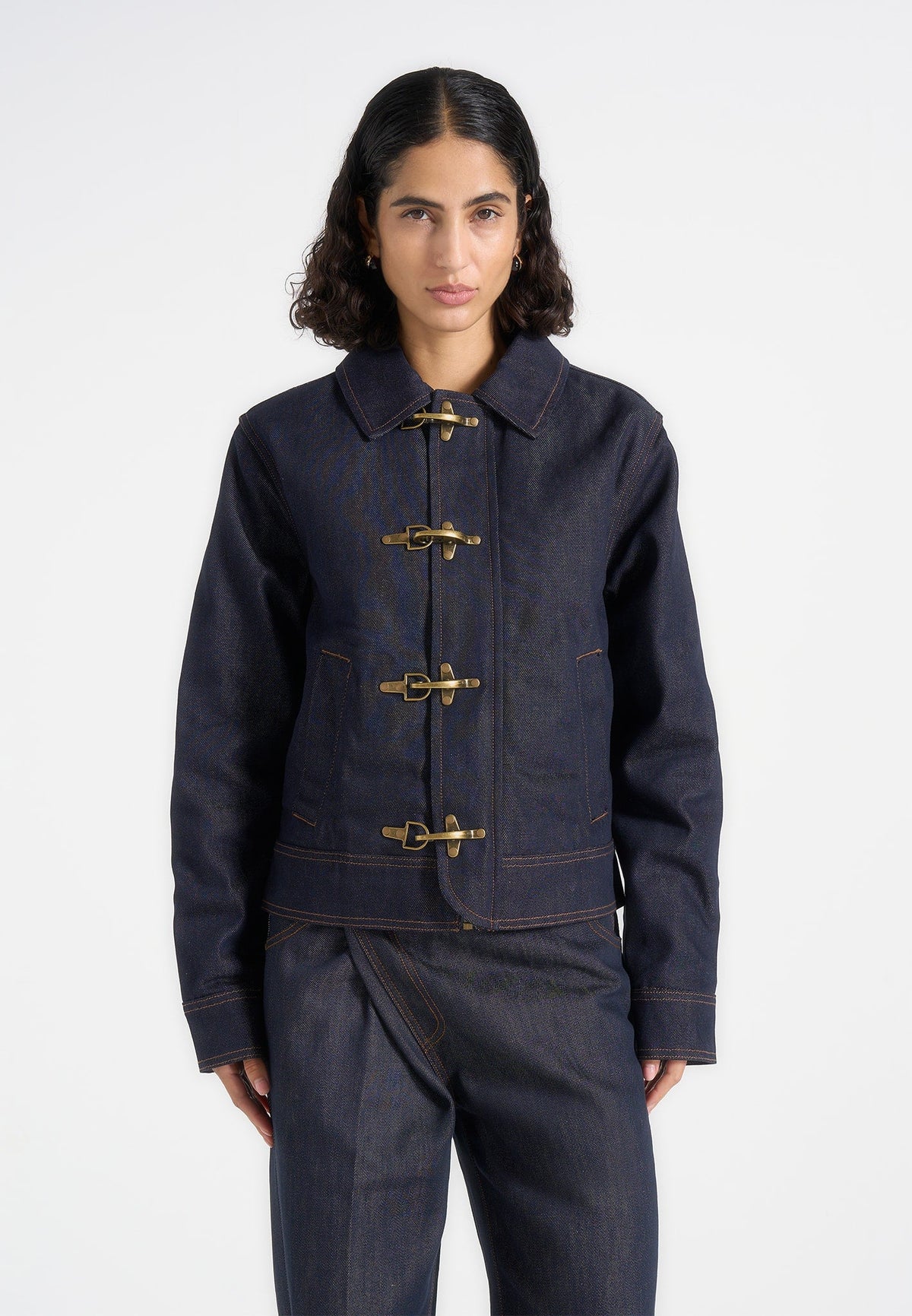 Nino - Clasp Detail Denim Contrast Stitch Jacket - Indigo