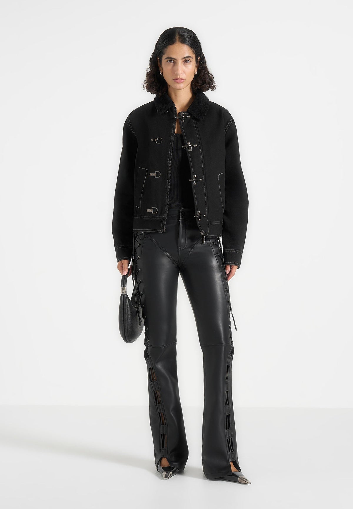 Nino - Unisex Clasp Detail Contrast Stitch Gabardine Jacket - Black