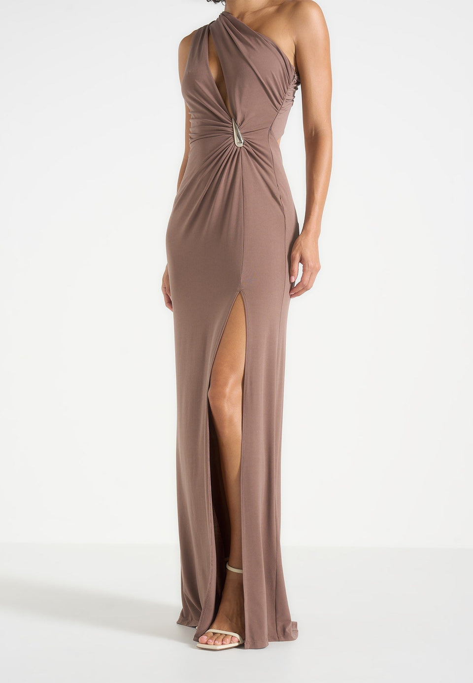 Vanessa - Asymmetric Ruched Teardrop Detail Maxi Dress - Taupe