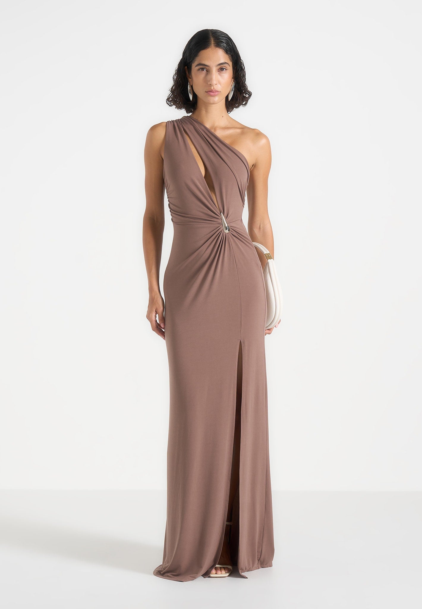 Vanessa - Asymmetric Ruched Teardrop Detail Maxi Dress - Taupe