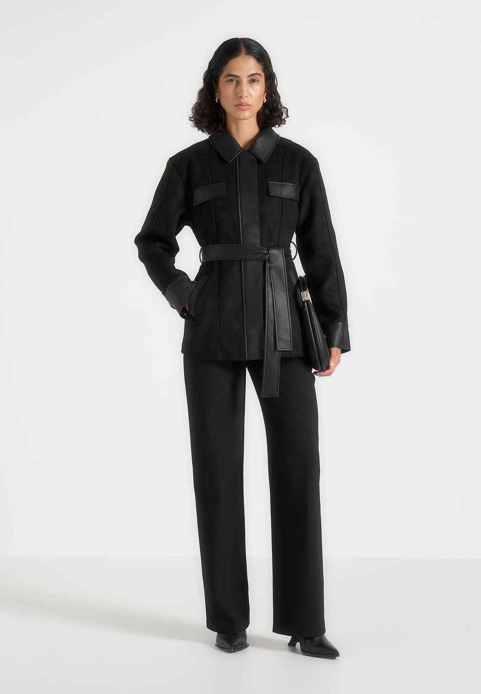 Annika - Suede Belted Utility Jacket - Black