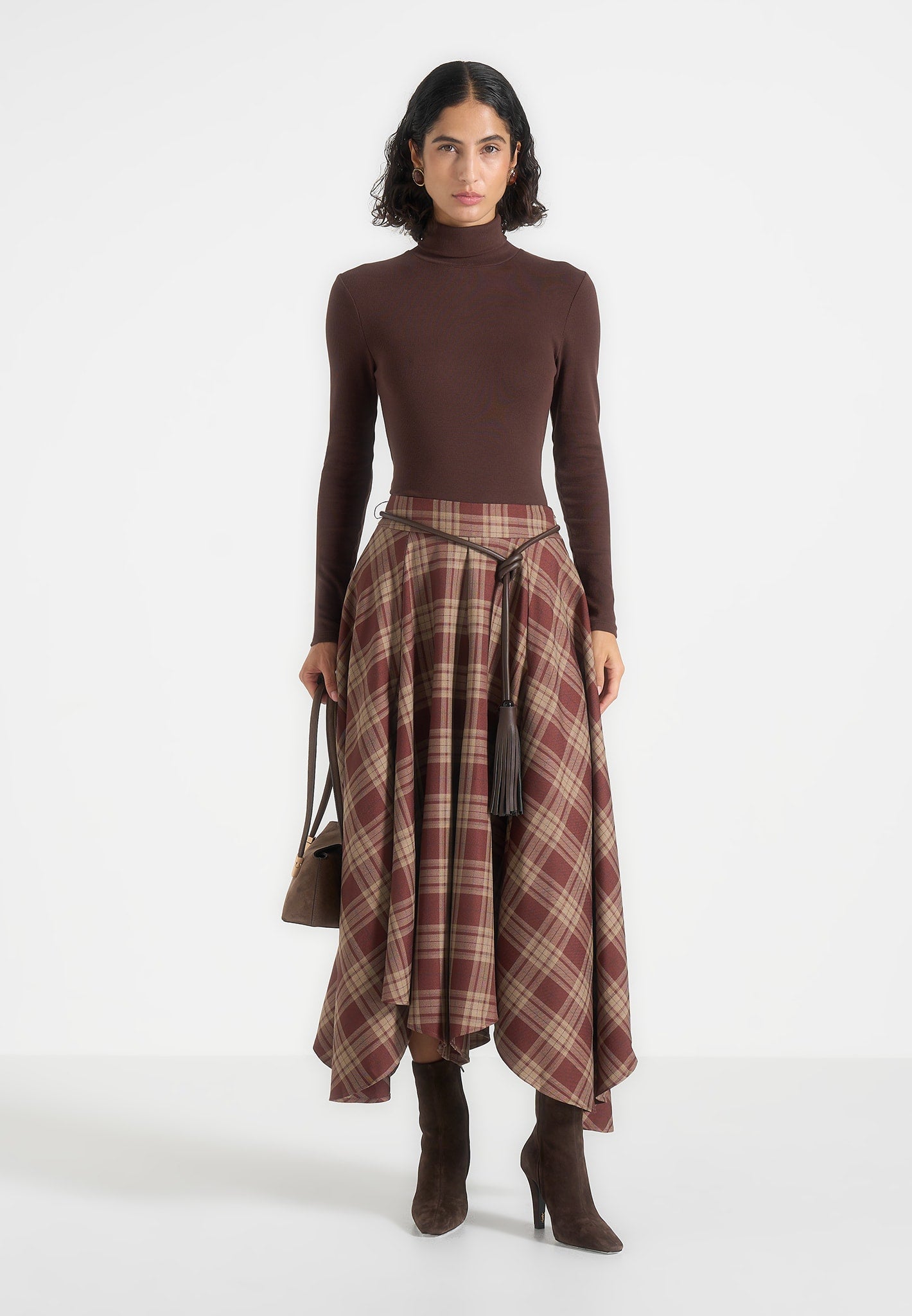 Spencer - Check Handkerchief Midi Skirt With Tassel Belt - Brown
