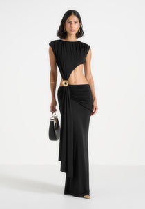 Ashley - Asymmetric Cut Out Hardware Detail Maxi Dress - Black