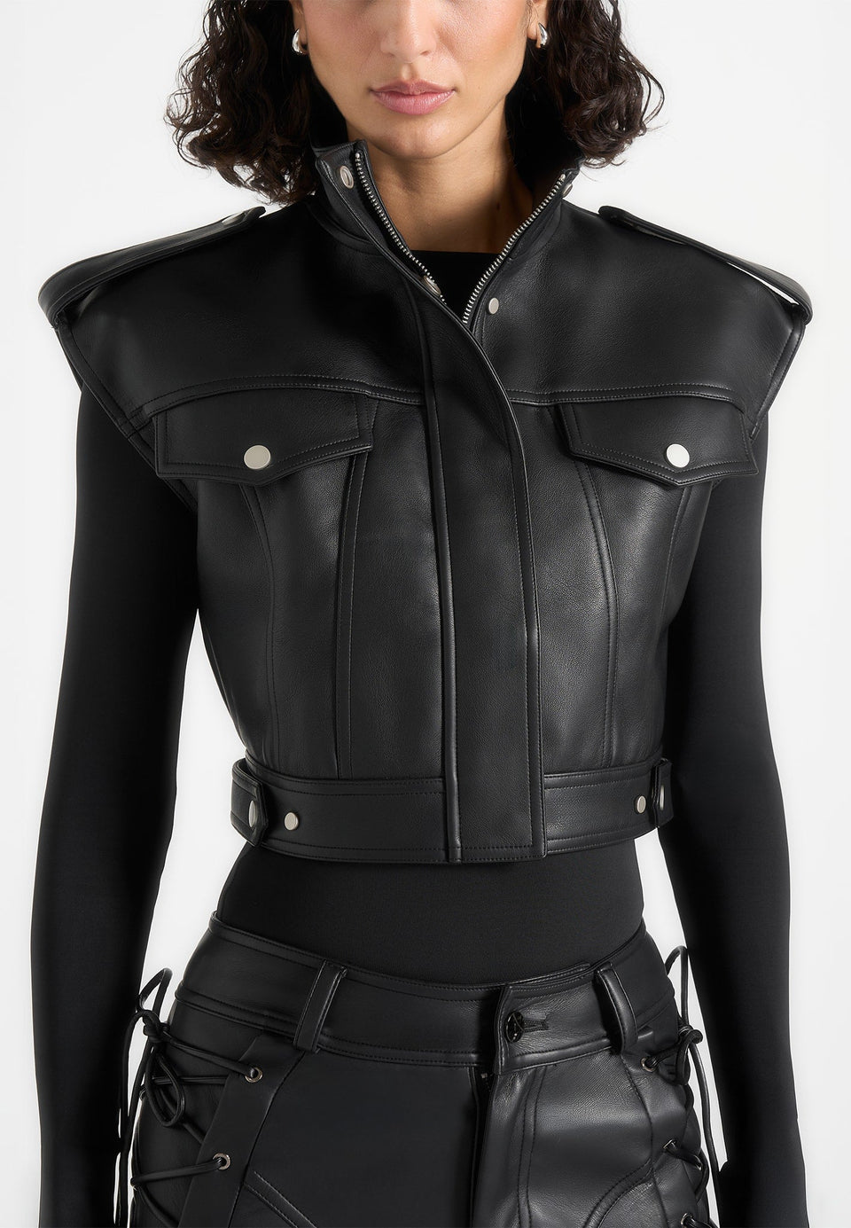 Imelda - Leather Cropped Wide Shoulder Sleeveless Jacket - Black