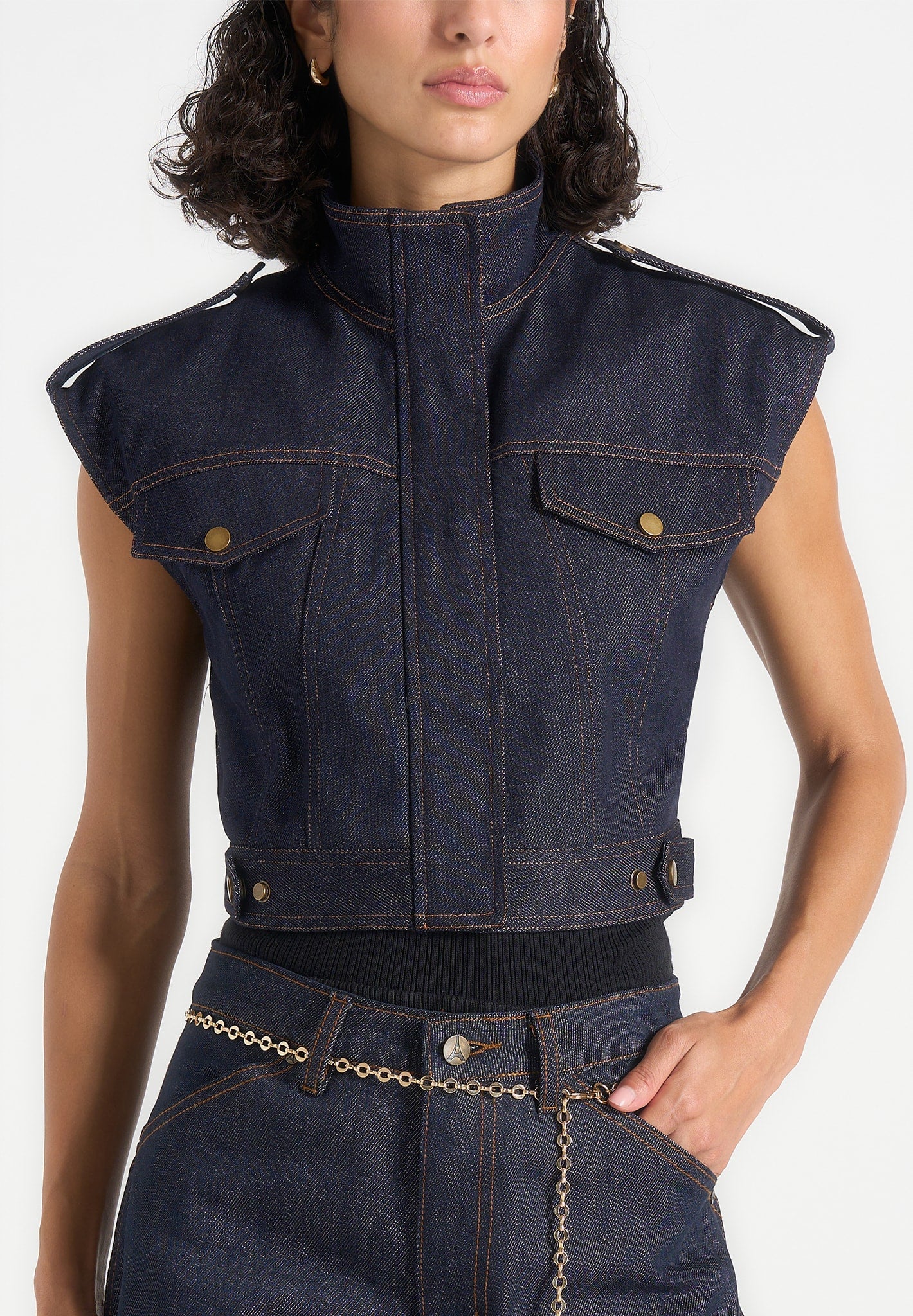 Imelda - Denim Cropped Wide Shoulder Sleeveless Jacket - Indigo