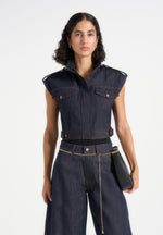 Imelda - Denim Cropped Wide Shoulder Sleeveless Jacket - Indigo