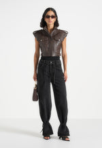 Imelda - Croc Embossed Wide Shoulder Sleeveless Jacket - Brown