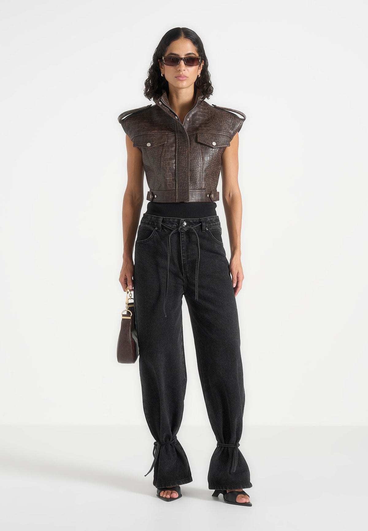 Imelda - Croc Embossed Wide Shoulder Sleeveless Jacket - Brown