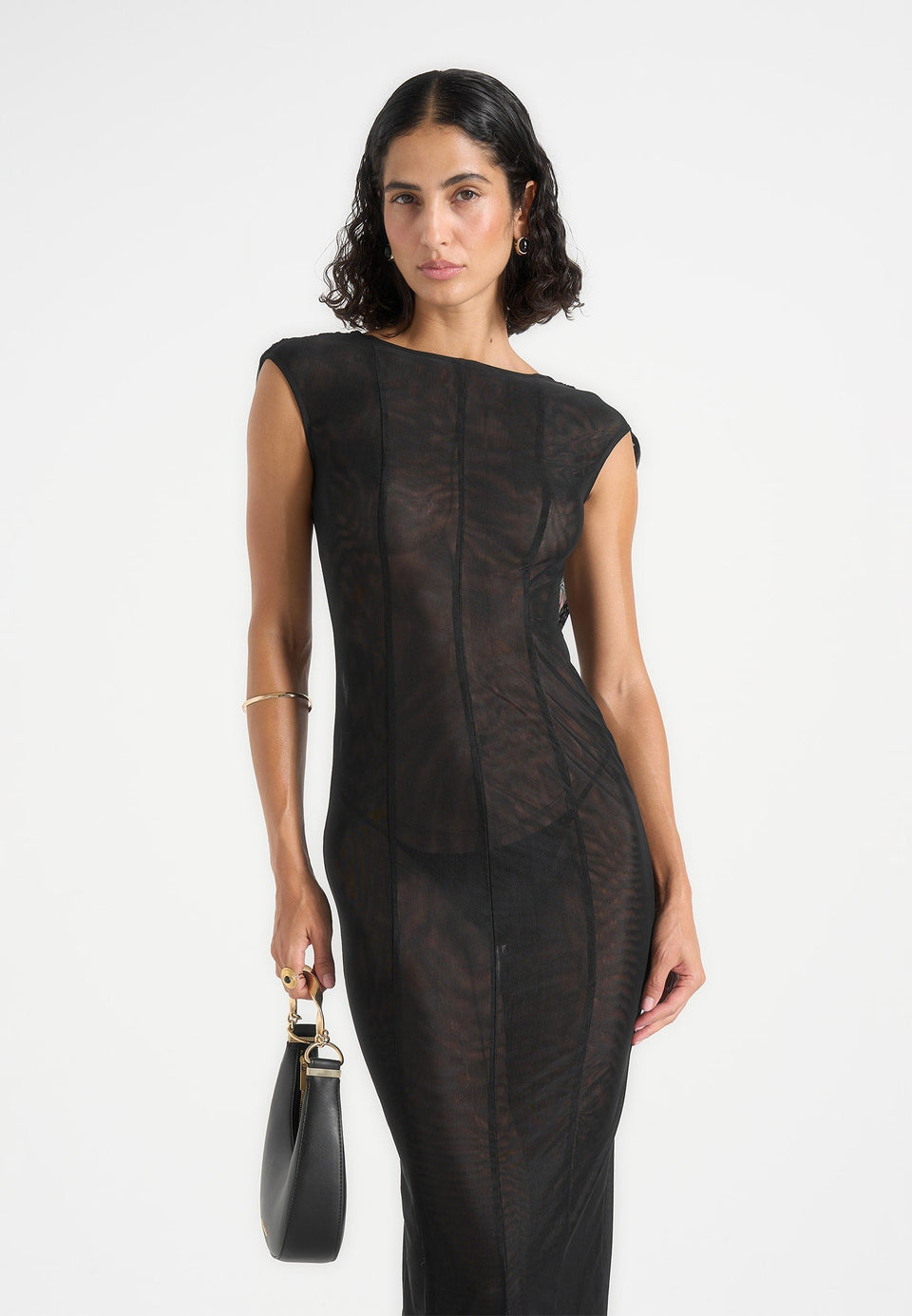 Ulina - Seamed Sheer Back Hardware Detail Maxi Dress - Black