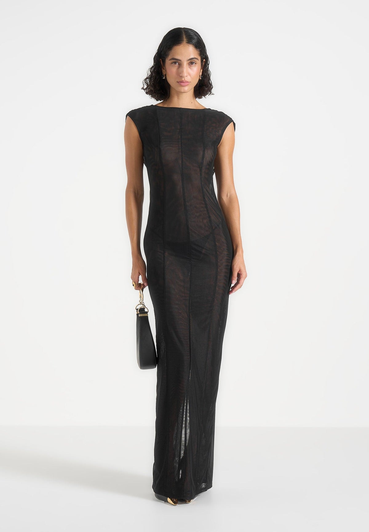 Ulina - Seamed Sheer Back Hardware Detail Maxi Dress - Black