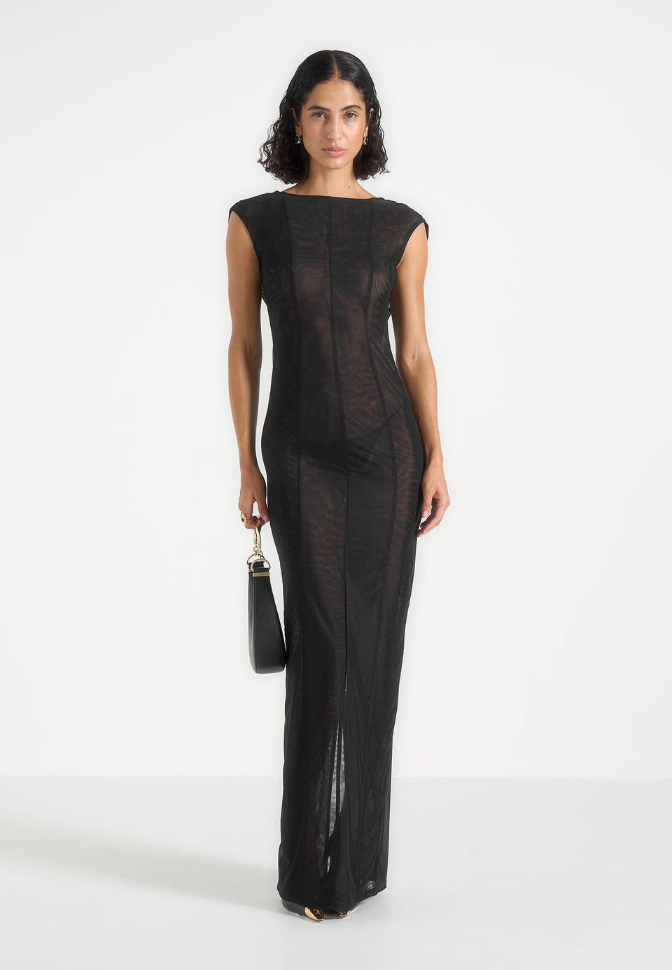 Ulina - Seamed Sheer Back Hardware Detail Maxi Dress - Black