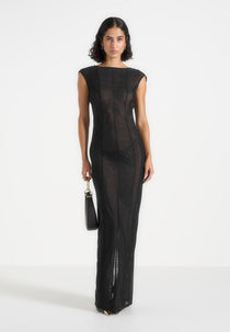 Ulina - Seamed Sheer Back Hardware Detail Maxi Dress - Black