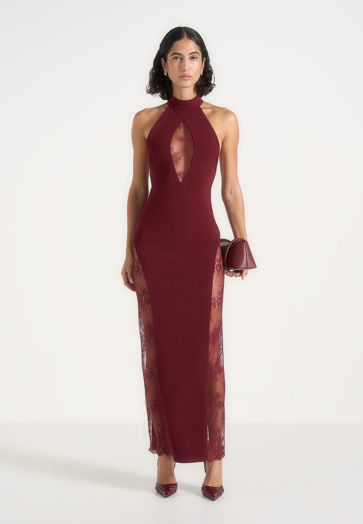 Jessica - Contour Lace Halter Drape Neck Maxi Dress - Wine Red