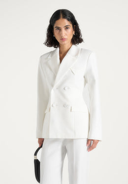 Maia - Double Breasted Satin Lapel Hourglass Blazer - White