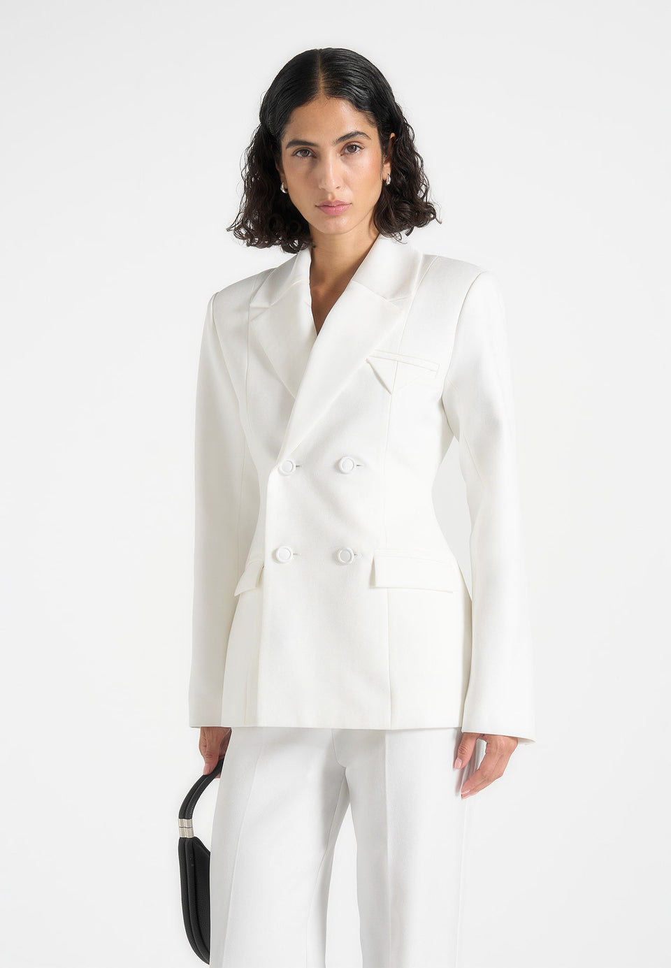Maia - Double Breasted Satin Lapel Hourglass Blazer - White