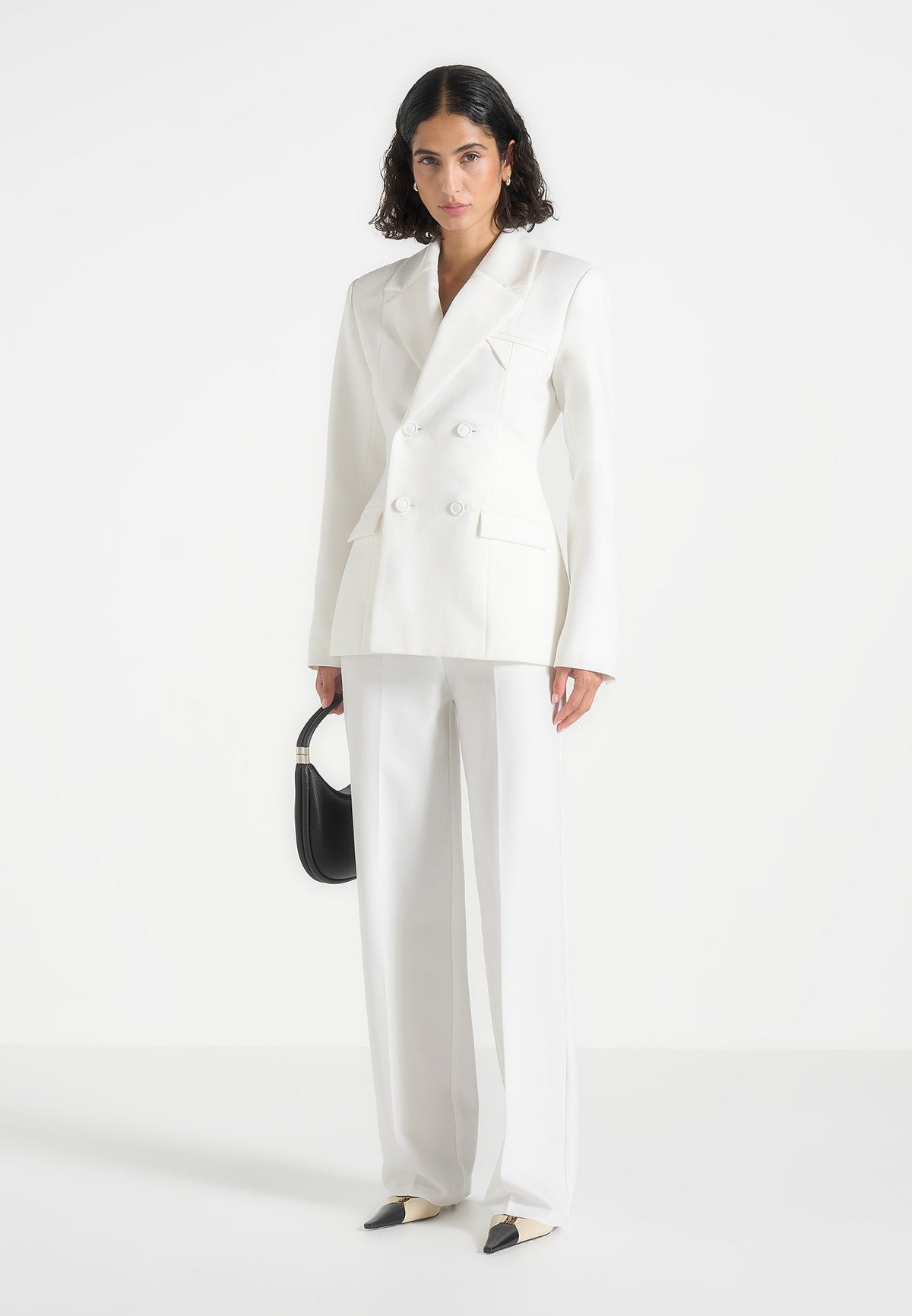 Maia - Double Breasted Satin Lapel Hourglass Blazer - White