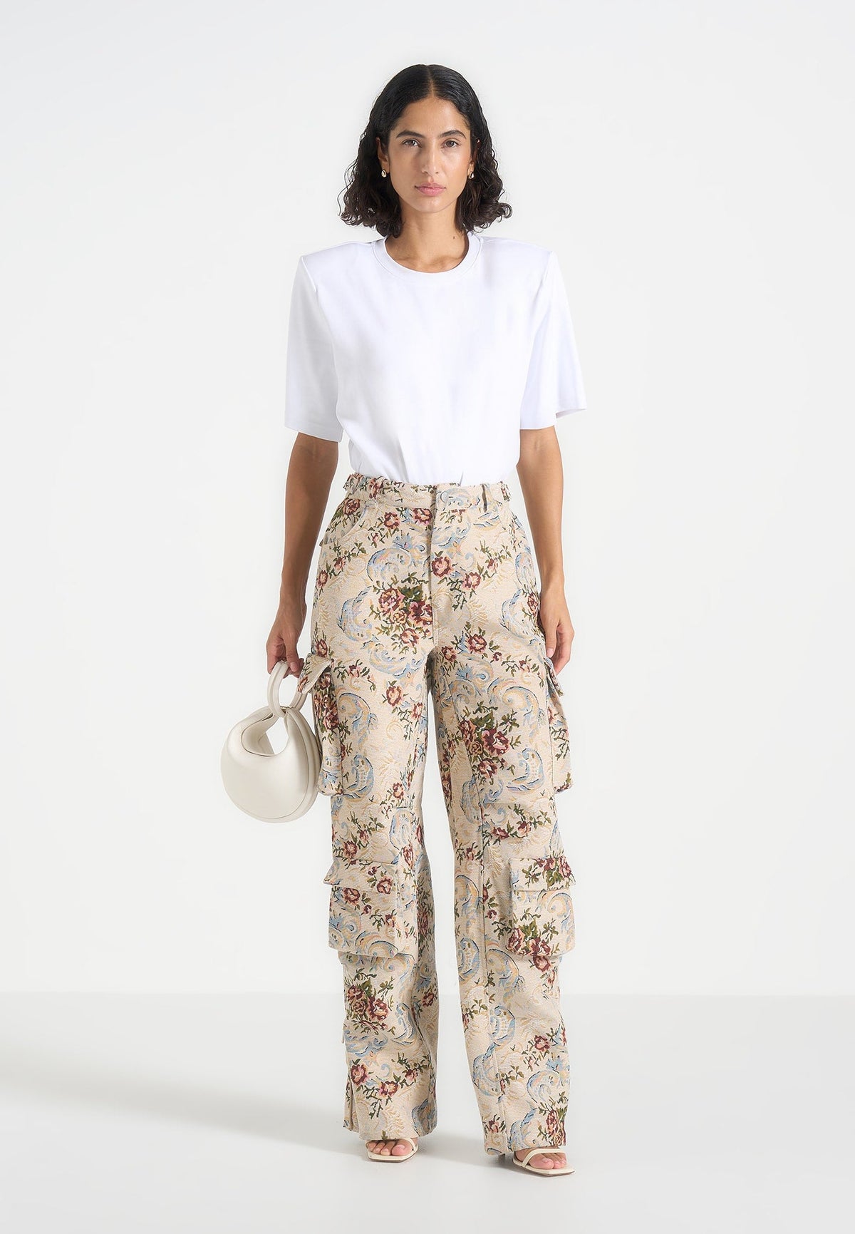 Emilie - High Waisted Tapestry Cargo Pants - Beige