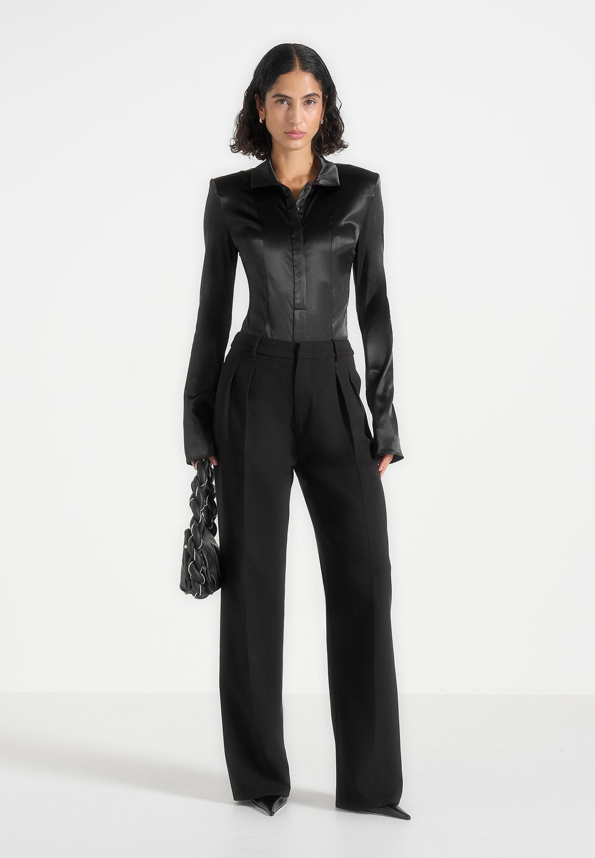 Louise - Wide Shoulder Satin Shirt Bodysuit - Black