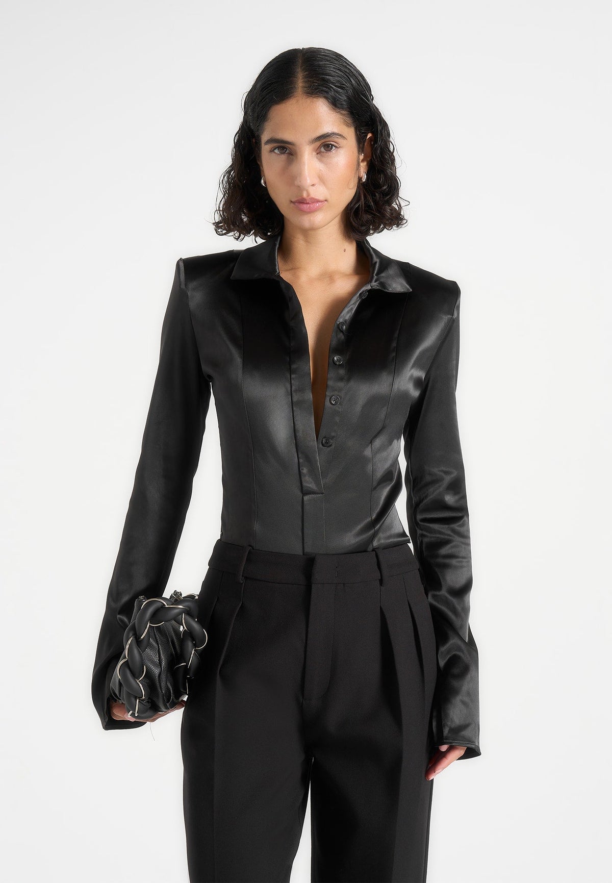 Louise - Wide Shoulder Satin Shirt Bodysuit - Black
