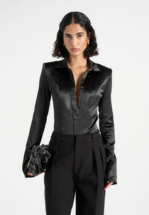 Louise - Wide Shoulder Satin Shirt Bodysuit - Black