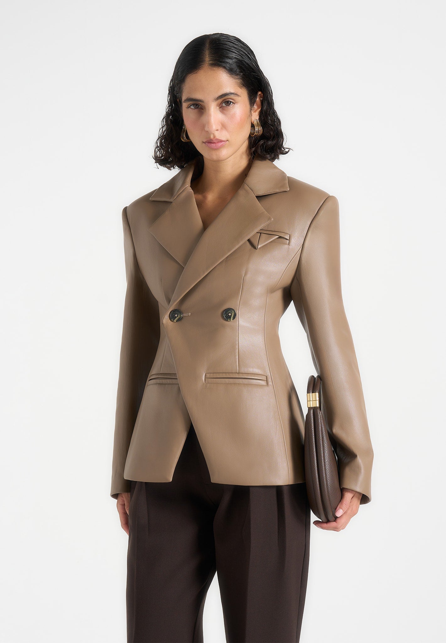 Beatrice - Leather Double Breasted Hourglass Blazer - Taupe