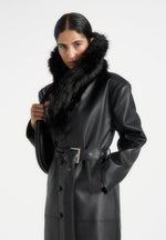 Cenya - Fur Collar Belted Leather Coat - Black