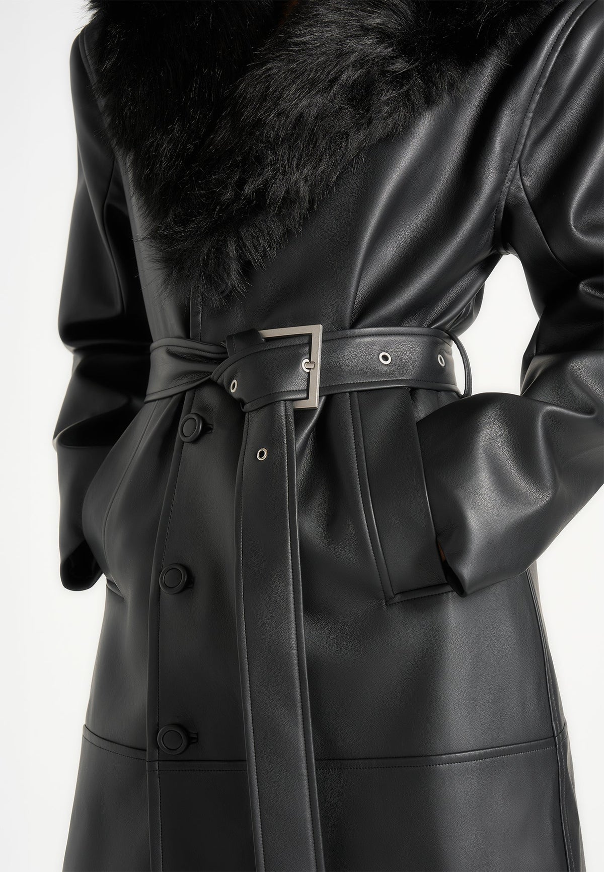 Cenya - Fur Collar Belted Leather Coat - Black
