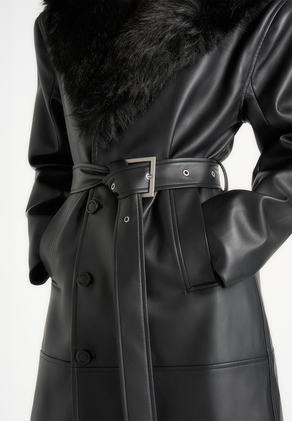Cenya - Fur Collar Belted Leather Coat - Black