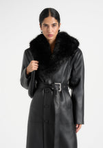Cenya - Fur Collar Belted Leather Coat - Black