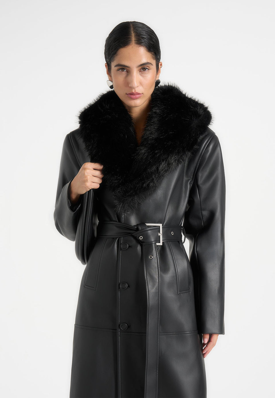 Cenya - Fur Collar Belted Leather Coat - Black