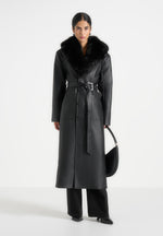 Cenya - Fur Collar Belted Leather Coat - Black