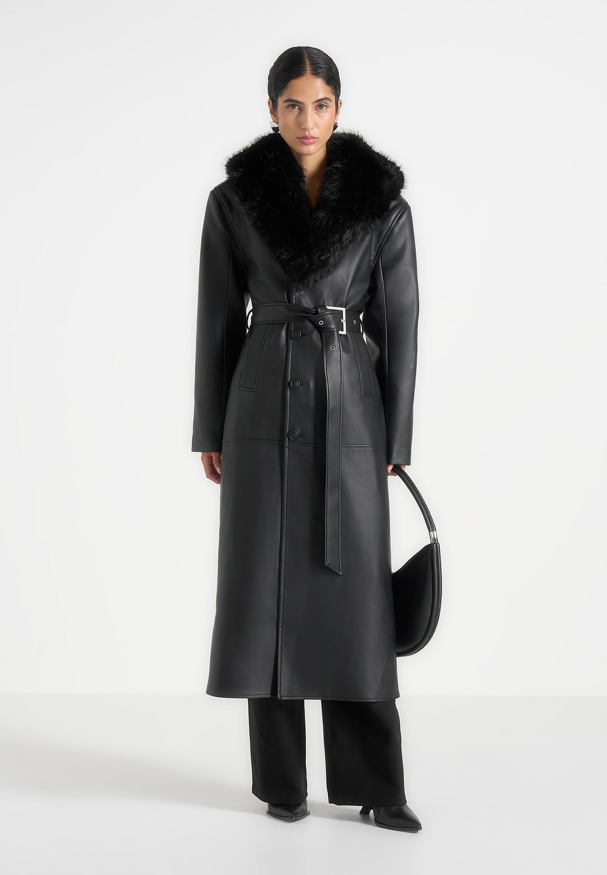 Cenya - Fur Collar Belted Leather Coat - Black