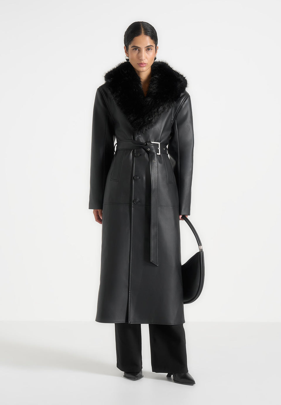 Cenya - Fur Collar Belted Leather Coat - Black