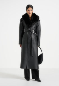 Cenya - Fur Collar Belted Leather Coat - Black