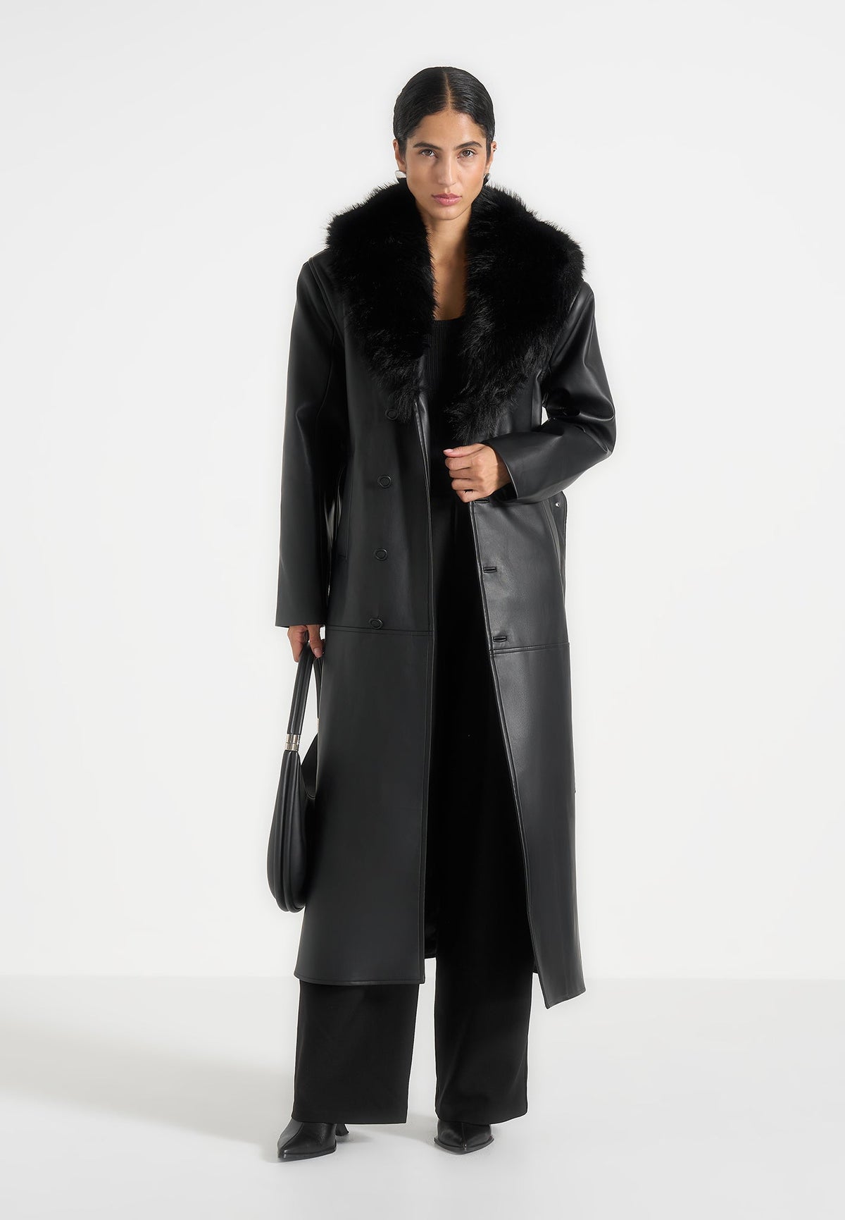 Cenya - Fur Collar Belted Leather Coat - Black
