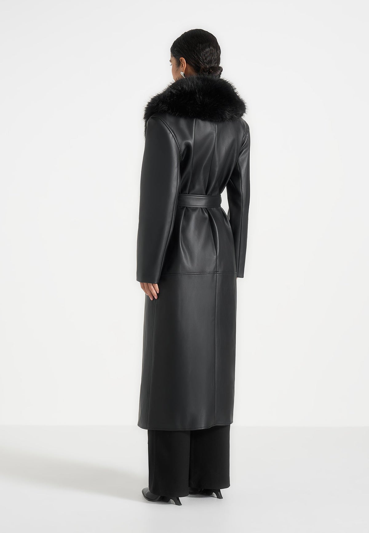 Cenya - Fur Collar Belted Leather Coat - Black