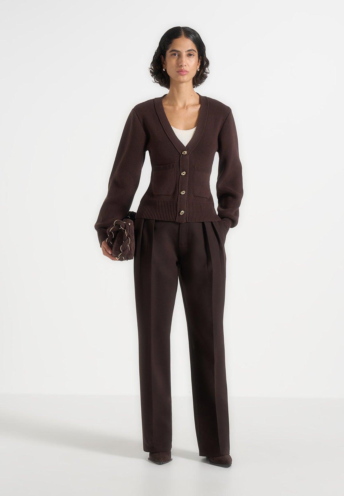 Tessa - Cinched Waist Cotton Cardigan - Brown