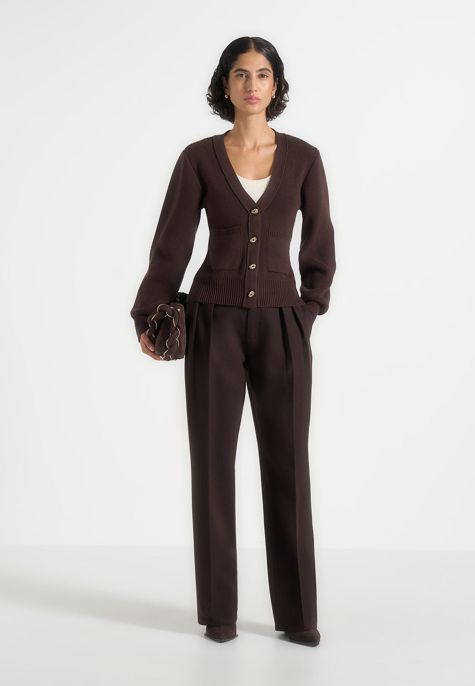 Tessa - Cinched Waist Cotton Cardigan - Brown