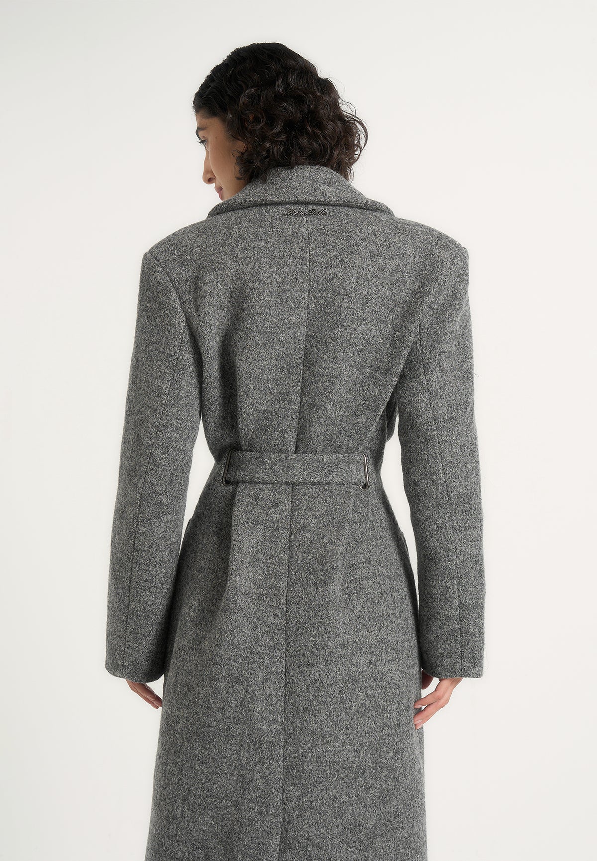 Jena - Wide Shoulder Wool Coat with Cinch Belt - Grey