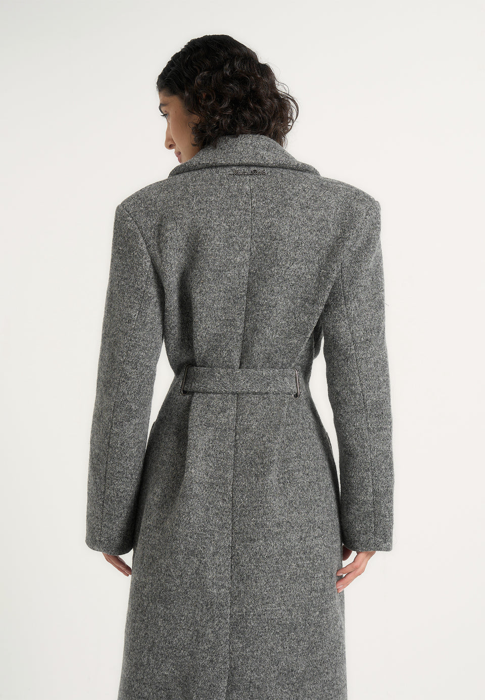 Jena - Wide Shoulder Wool Coat with Cinch Belt - Grey