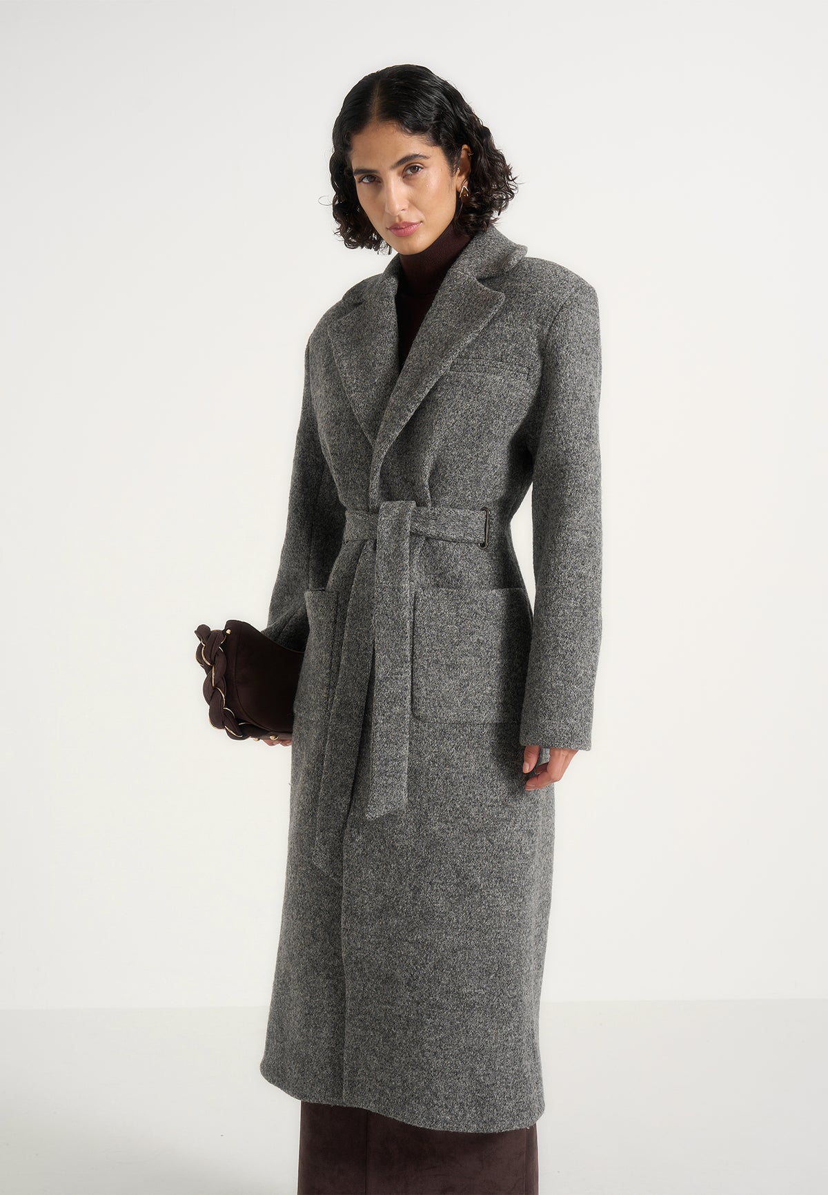 Jena - Wide Shoulder Wool Coat with Cinch Belt - Grey