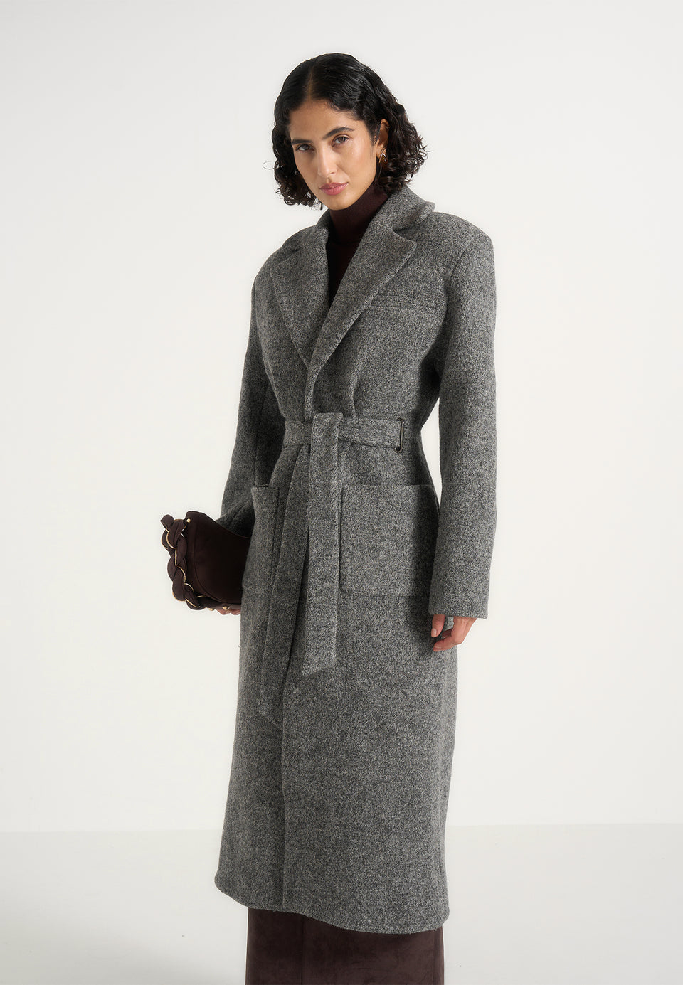 Jena - Wide Shoulder Wool Coat with Cinch Belt - Grey