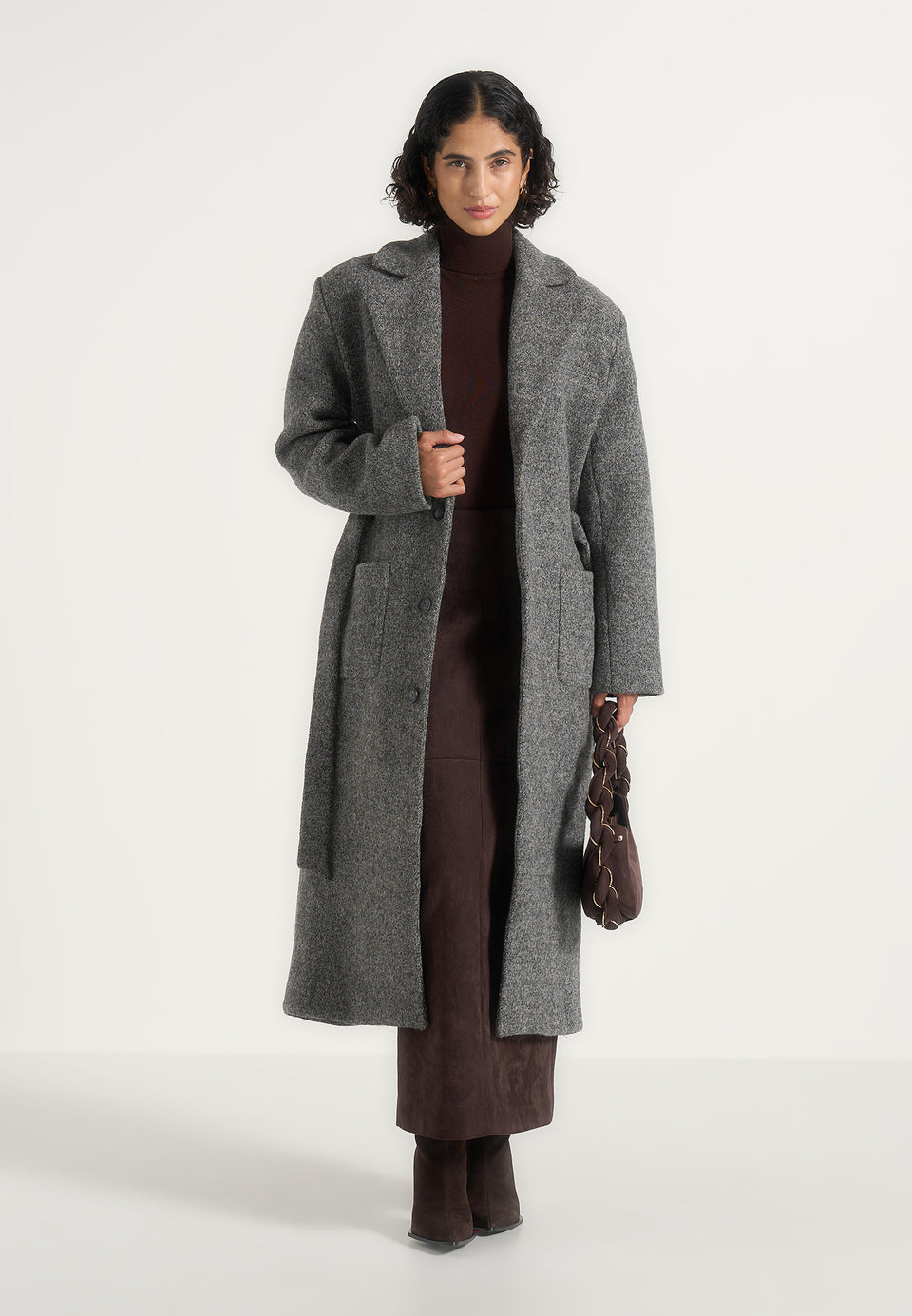Jena - Wide Shoulder Wool Coat with Cinch Belt - Grey