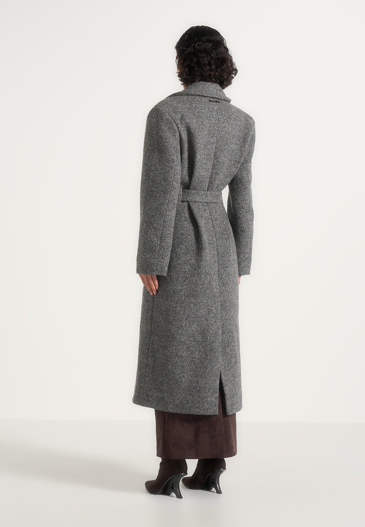 Jena - Wide Shoulder Wool Coat with Cinch Belt - Grey
