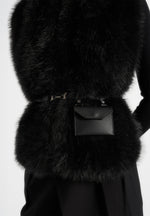 Greta - Belted Fur Wrap Jacket With Pouch - Black
