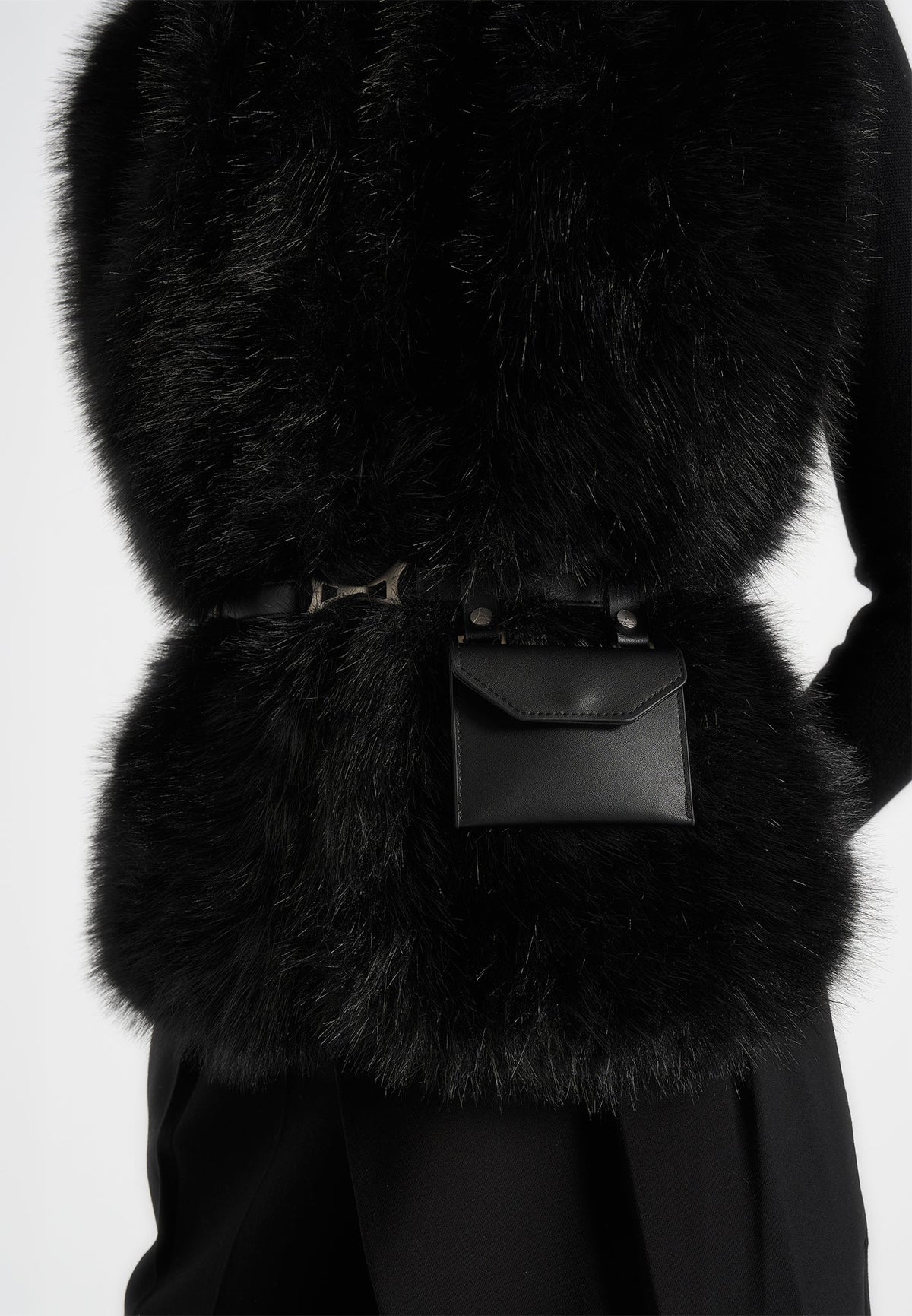 Greta - Belted Fur Wrap Jacket With Pouch - Black