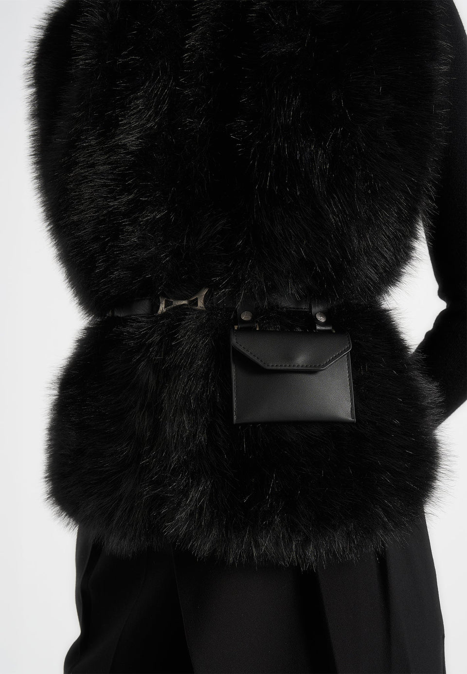 Greta - Belted Fur Wrap Jacket With Pouch - Black